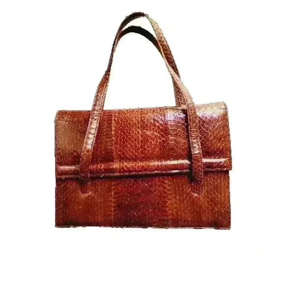 Vintage Snake Skin Brown Handbag Snap Closure Zipper Pockets Unmarked - Picture 1 of 8